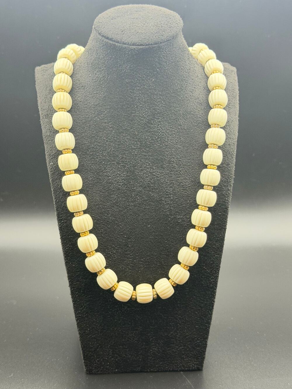 Vintage Trifari necklace fluted white lucite beads gold-tone spacers statement